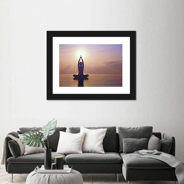 Silhouette Young Woman Practicing Yoga On The Beach At Sunset Canvas Wall Art-3 Horizontal-Gallery Wrap-25" x 16"-Tiaracle