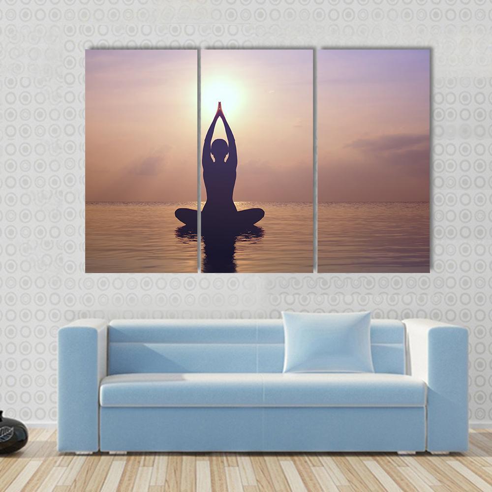 Silhouette Young Woman Practicing Yoga On The Beach At Sunset Canvas Wall Art-3 Horizontal-Gallery Wrap-37" x 24"-Tiaracle