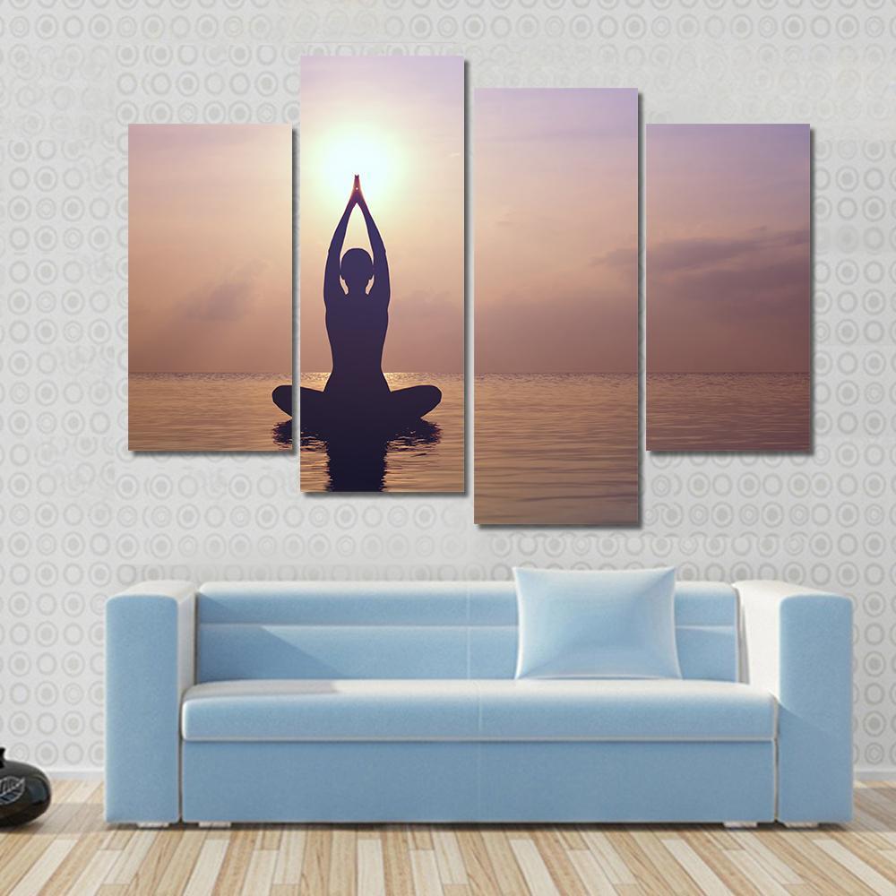 Silhouette Young Woman Practicing Yoga On The Beach At Sunset Canvas Wall Art-4 Pop-Gallery Wrap-50" x 32"-Tiaracle