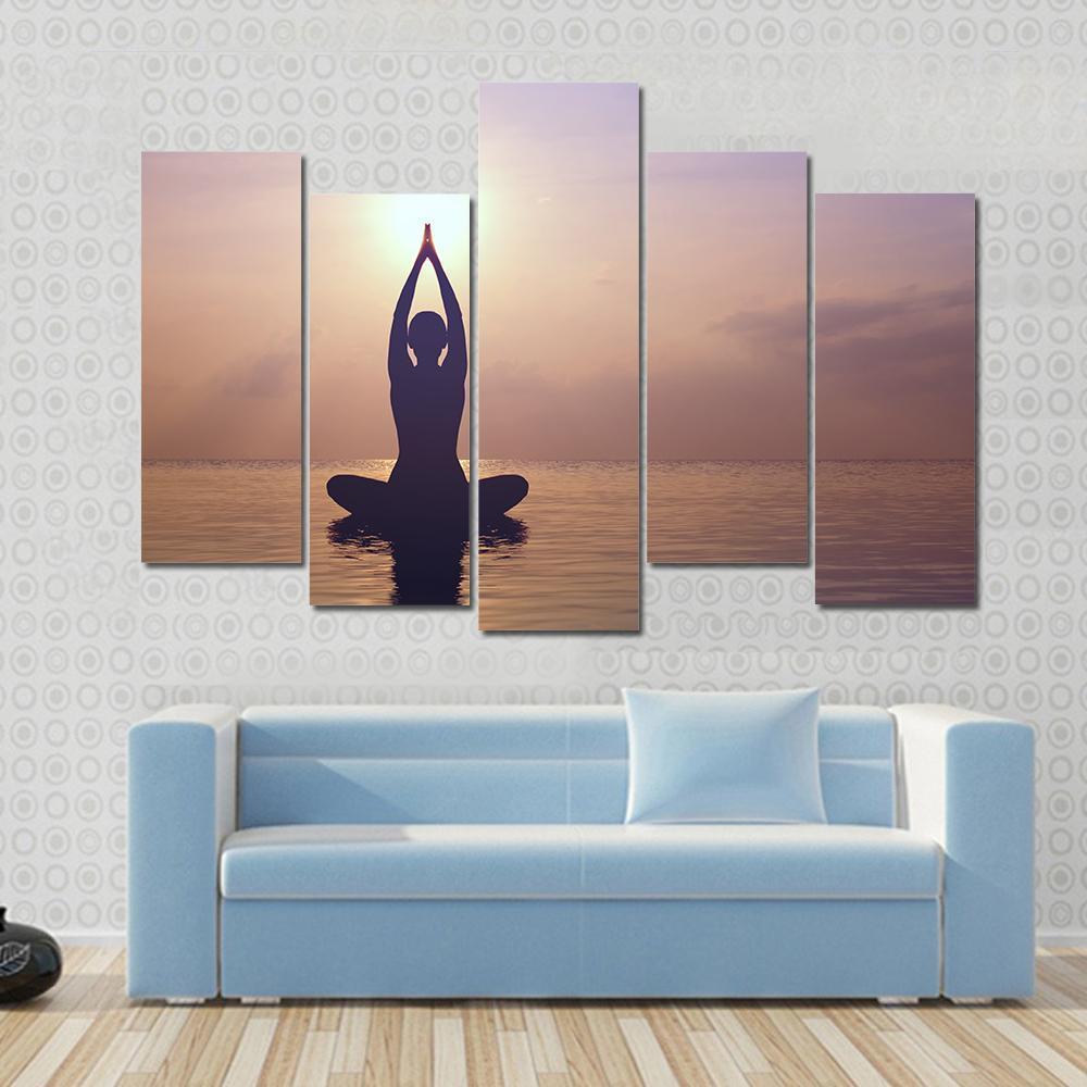 Silhouette Young Woman Practicing Yoga On The Beach At Sunset Canvas Wall Art-5 Pop-Gallery Wrap-47" x 32"-Tiaracle