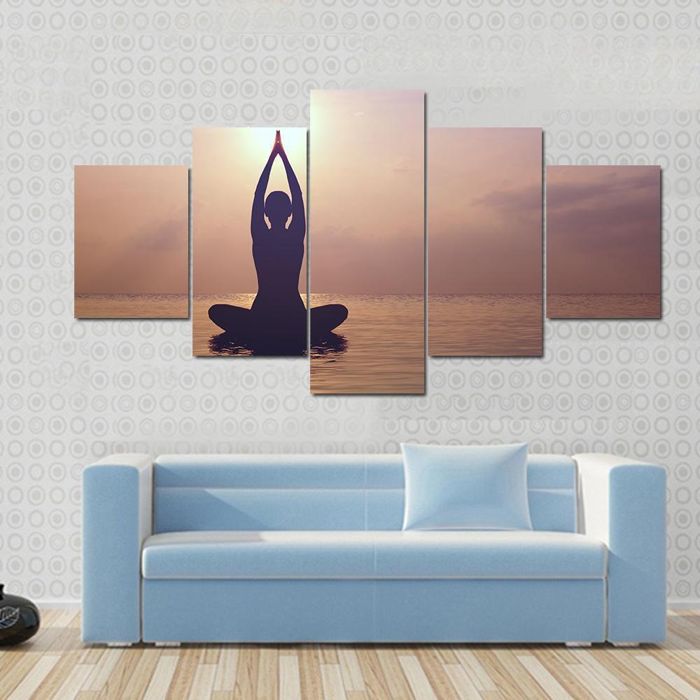 Silhouette Young Woman Practicing Yoga On The Beach At Sunset Canvas Wall Art-5 Star-Gallery Wrap-62" x 32"-Tiaracle