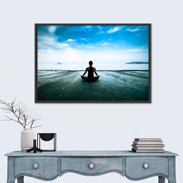 Silhouette Young Woman Practicing Yoga On The Beach Canvas Wall Art-1 Piece-Floating Frame-24" x 16"-Tiaracle