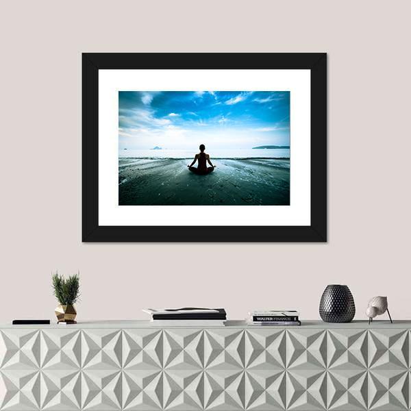 Silhouette Young Woman Practicing Yoga On The Beach Canvas Wall Art-1 Piece-Framed Print-20" x 16"-Tiaracle