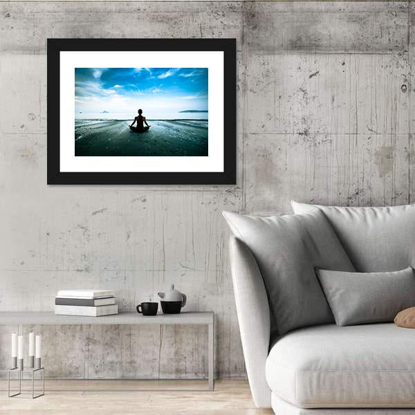 Silhouette Young Woman Practicing Yoga On The Beach Canvas Wall Art-3 Horizontal-Gallery Wrap-25" x 16"-Tiaracle