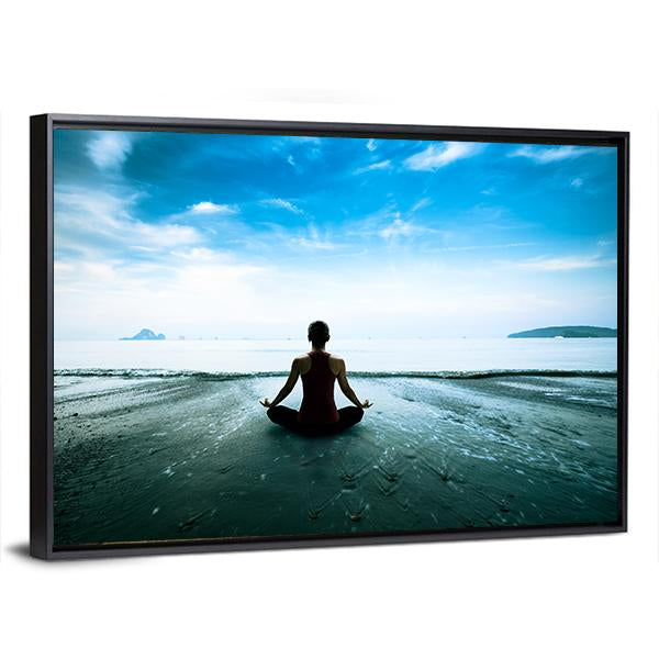 Silhouette Young Woman Practicing Yoga On The Beach Canvas Wall Art-3 Horizontal-Gallery Wrap-25" x 16"-Tiaracle