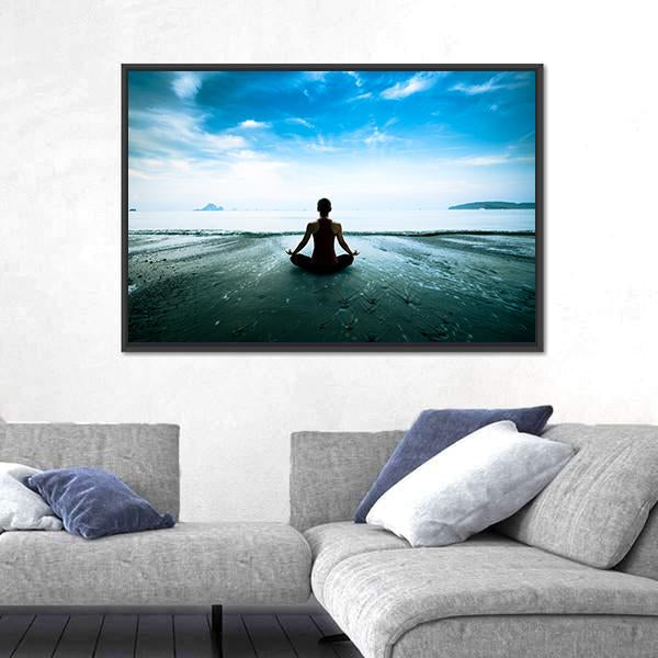 Silhouette Young Woman Practicing Yoga On The Beach Canvas Wall Art-3 Horizontal-Gallery Wrap-25" x 16"-Tiaracle