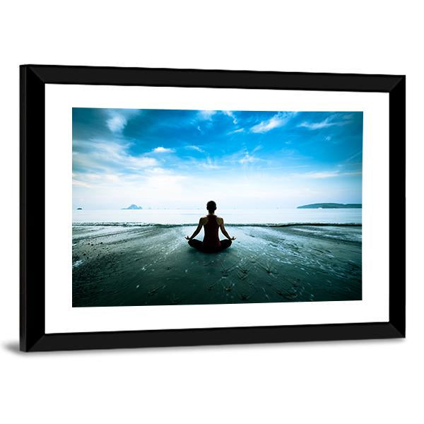 Silhouette Young Woman Practicing Yoga On The Beach Canvas Wall Art-3 Horizontal-Gallery Wrap-25" x 16"-Tiaracle