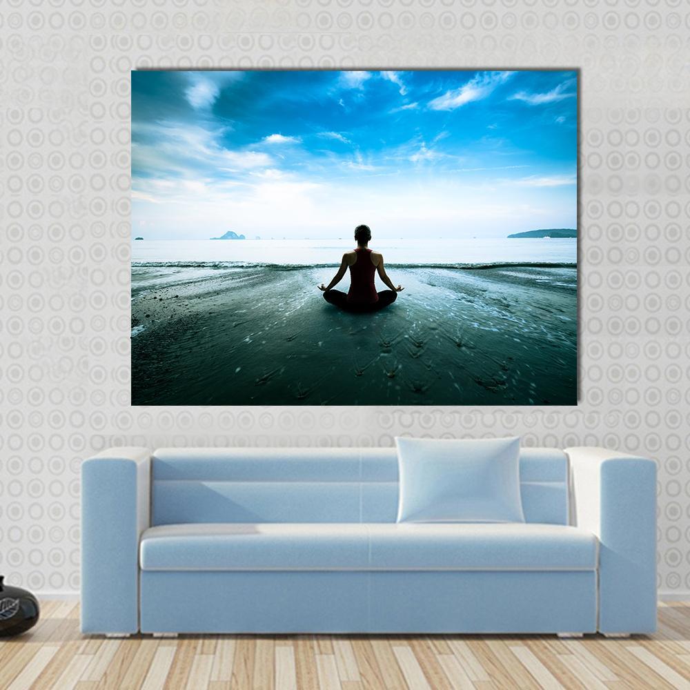 Silhouette Young Woman Practicing Yoga On The Beach Canvas Wall Art-1 Piece-Gallery Wrap-48" x 32"-Tiaracle