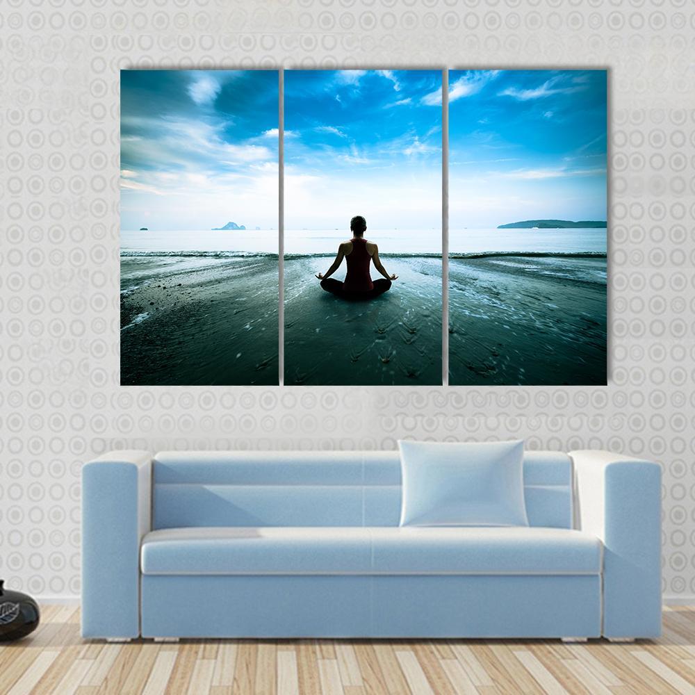 Silhouette Young Woman Practicing Yoga On The Beach Canvas Wall Art-3 Horizontal-Gallery Wrap-37" x 24"-Tiaracle