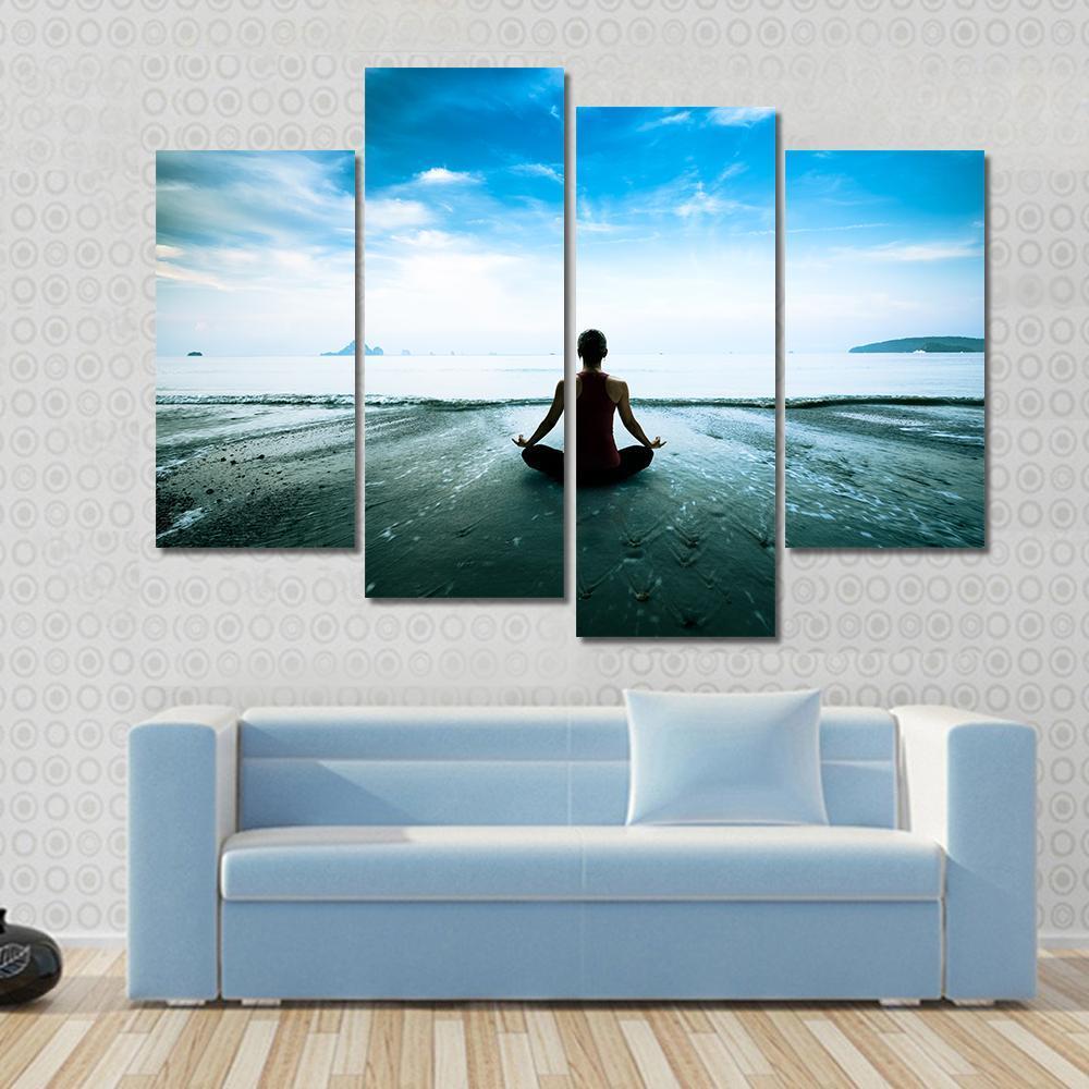 Silhouette Young Woman Practicing Yoga On The Beach Canvas Wall Art-4 Pop-Gallery Wrap-50" x 32"-Tiaracle