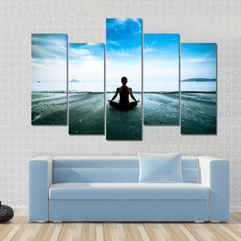 Silhouette Young Woman Practicing Yoga On The Beach Canvas Wall Art-5 Pop-Gallery Wrap-47" x 32"-Tiaracle