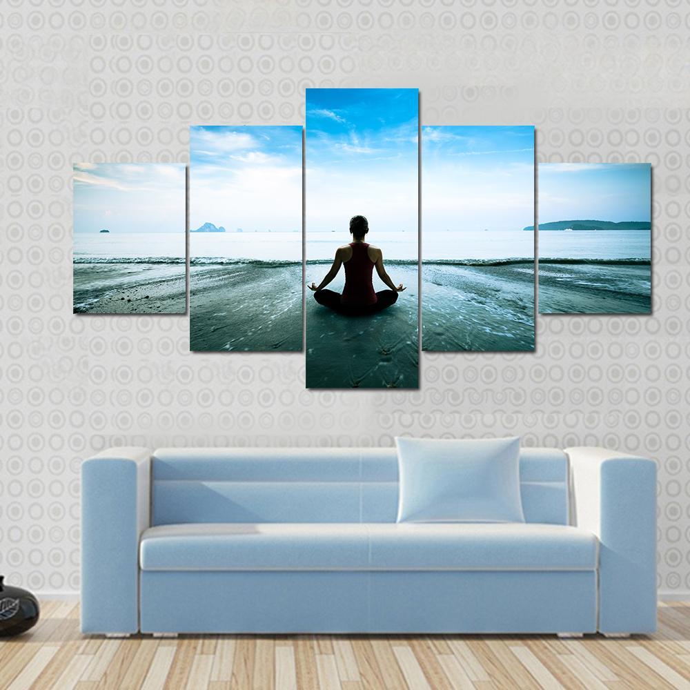 Silhouette Young Woman Practicing Yoga On The Beach Canvas Wall Art-5 Star-Gallery Wrap-62" x 32"-Tiaracle