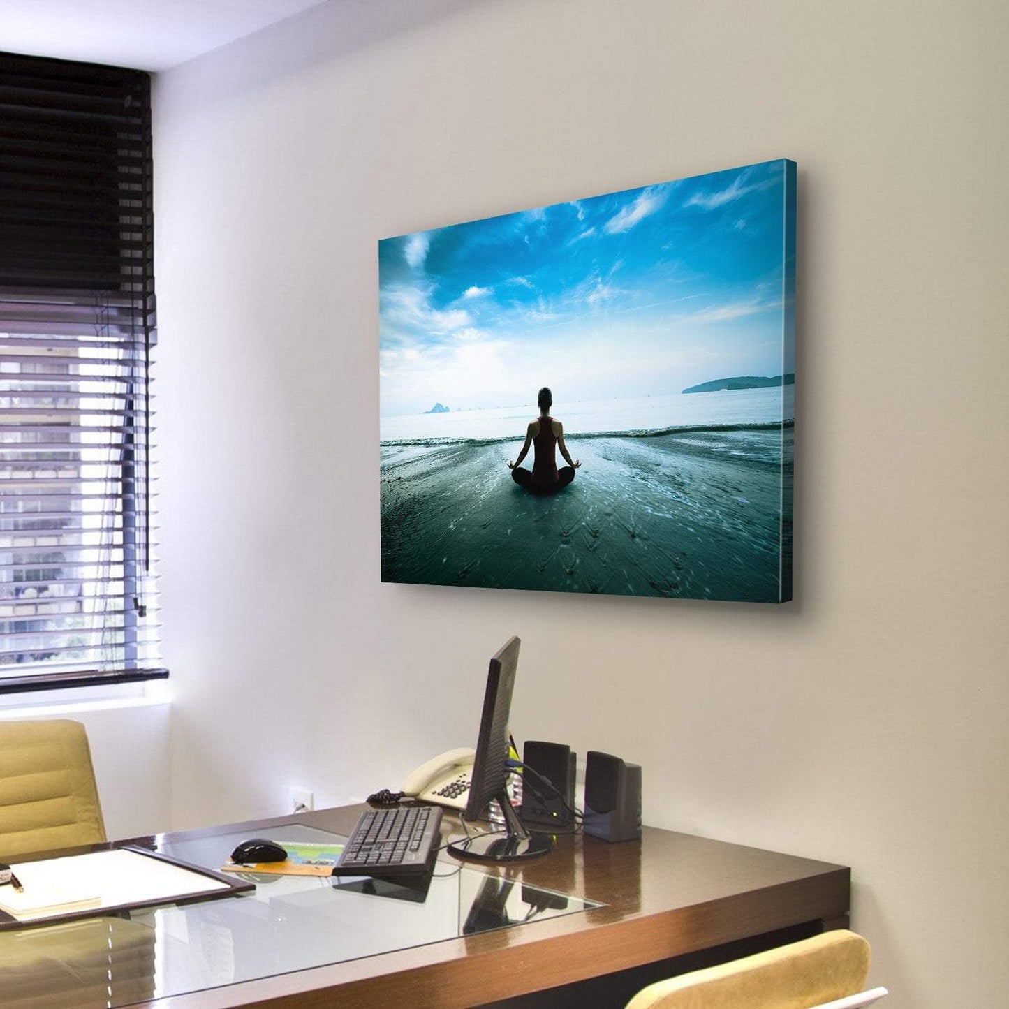 Silhouette Young Woman Practicing Yoga On The Beach Canvas Wall Art-3 Horizontal-Gallery Wrap-25" x 16"-Tiaracle