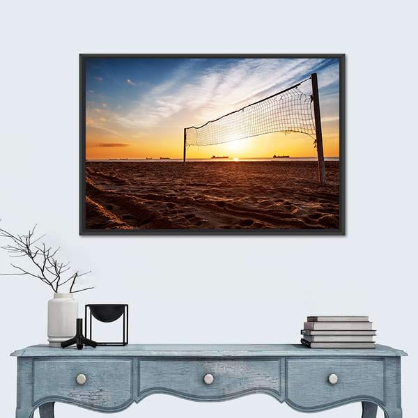 Sillhouette Of A Volleyball Net And Sunrise On The Beach Canvas Wall Art-1 Piece-Floating Frame-24" x 16"-Tiaracle