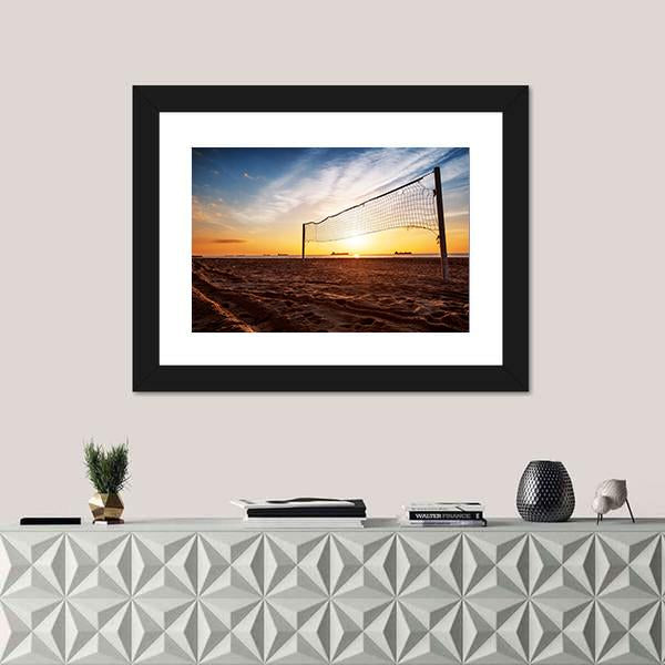 Sillhouette Of A Volleyball Net And Sunrise On The Beach Canvas Wall Art-1 Piece-Framed Print-20" x 16"-Tiaracle