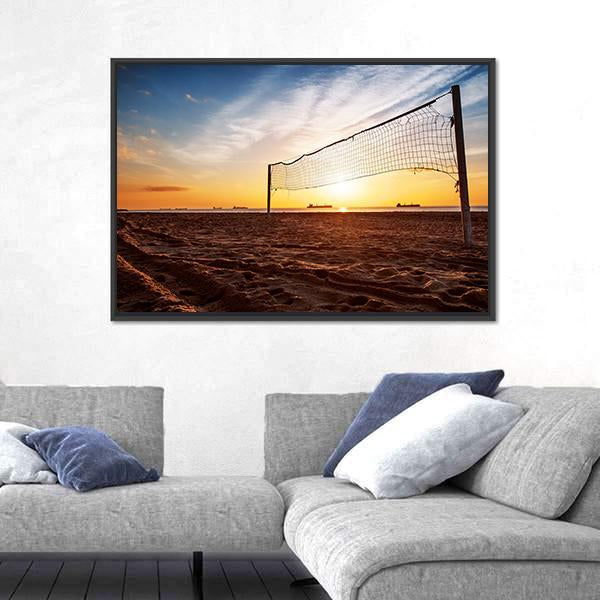 Sillhouette Of A Volleyball Net And Sunrise On The Beach Canvas Wall Art-3 Horizontal-Gallery Wrap-25" x 16"-Tiaracle