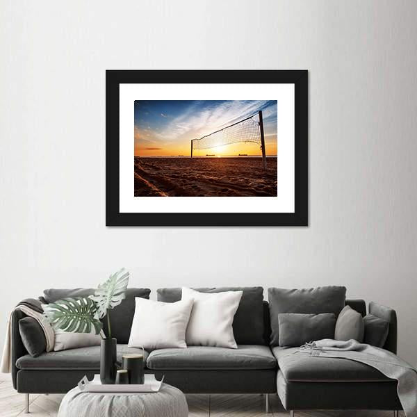 Sillhouette Of A Volleyball Net And Sunrise On The Beach Canvas Wall Art-3 Horizontal-Gallery Wrap-25" x 16"-Tiaracle