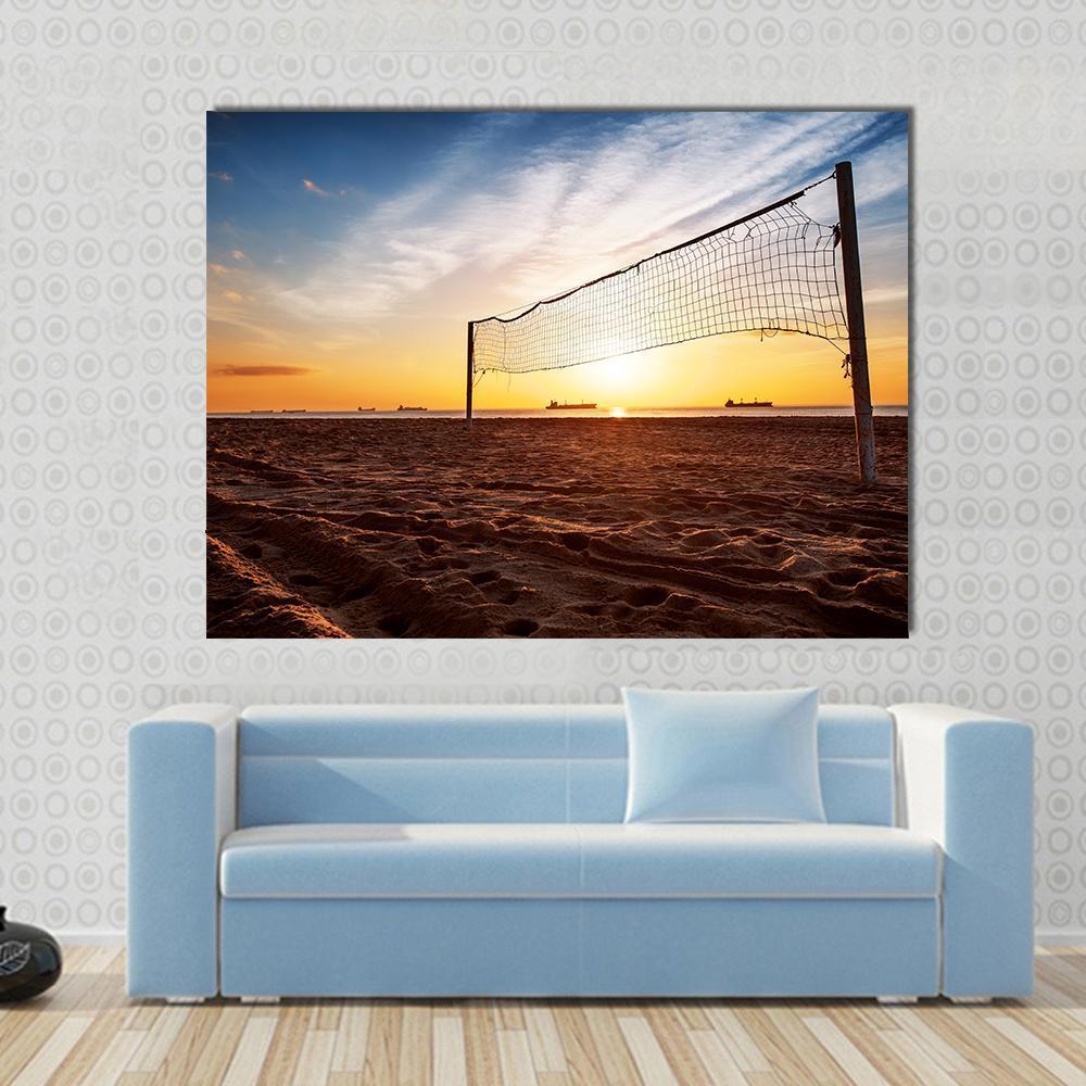 Sillhouette Of A Volleyball Net And Sunrise On The Beach Canvas Wall Art-1 Piece-Gallery Wrap-48" x 32"-Tiaracle