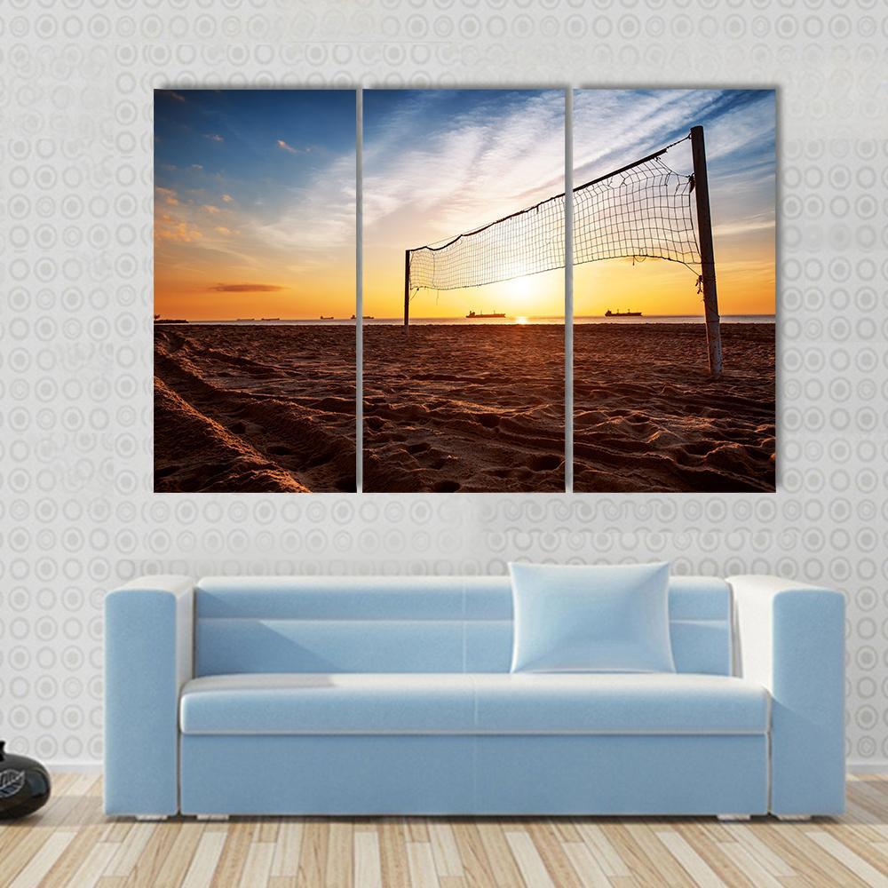 Sillhouette Of A Volleyball Net And Sunrise On The Beach Canvas Wall Art-3 Horizontal-Gallery Wrap-37" x 24"-Tiaracle