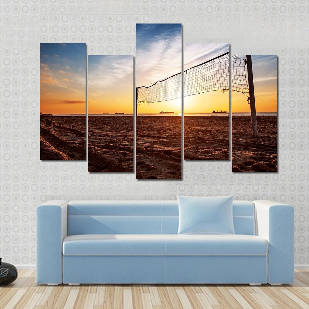 Sillhouette Of A Volleyball Net And Sunrise On The Beach Canvas Wall Art-5 Pop-Gallery Wrap-47" x 32"-Tiaracle