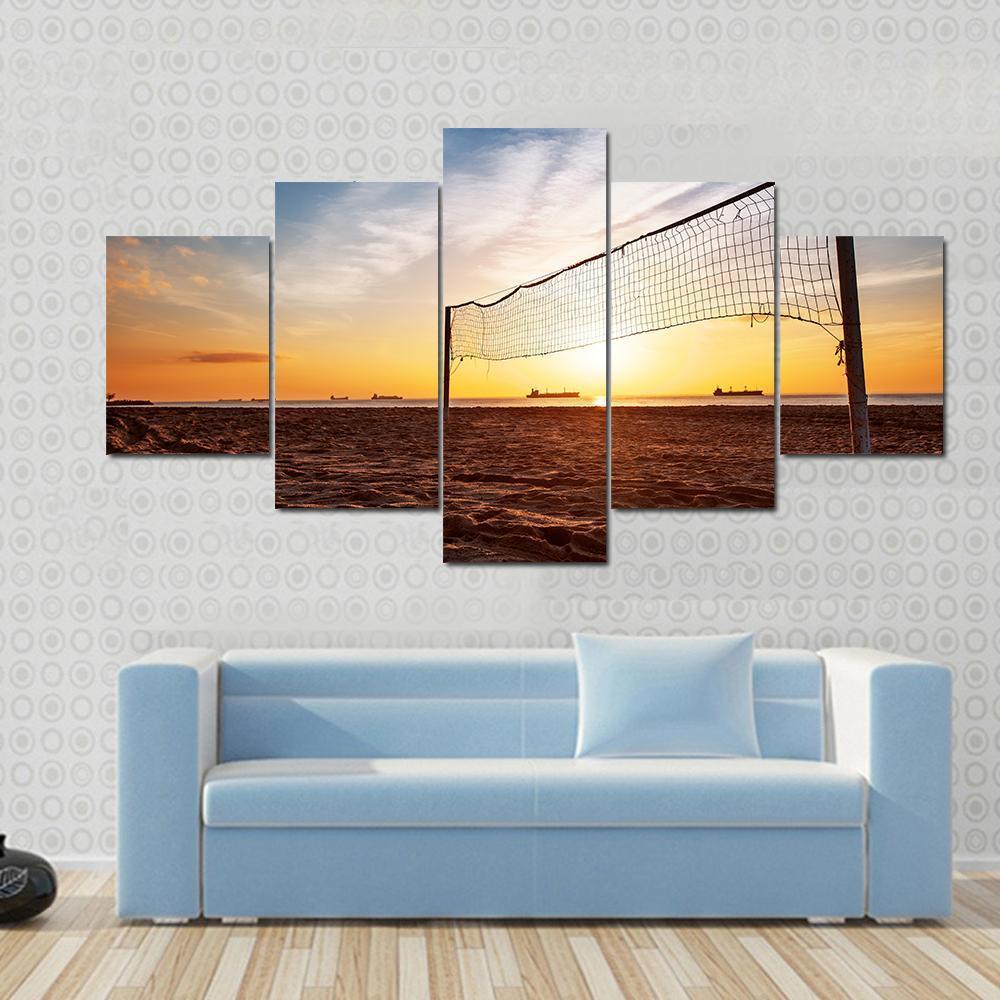 Sillhouette Of A Volleyball Net And Sunrise On The Beach Canvas Wall Art-5 Star-Gallery Wrap-62" x 32"-Tiaracle