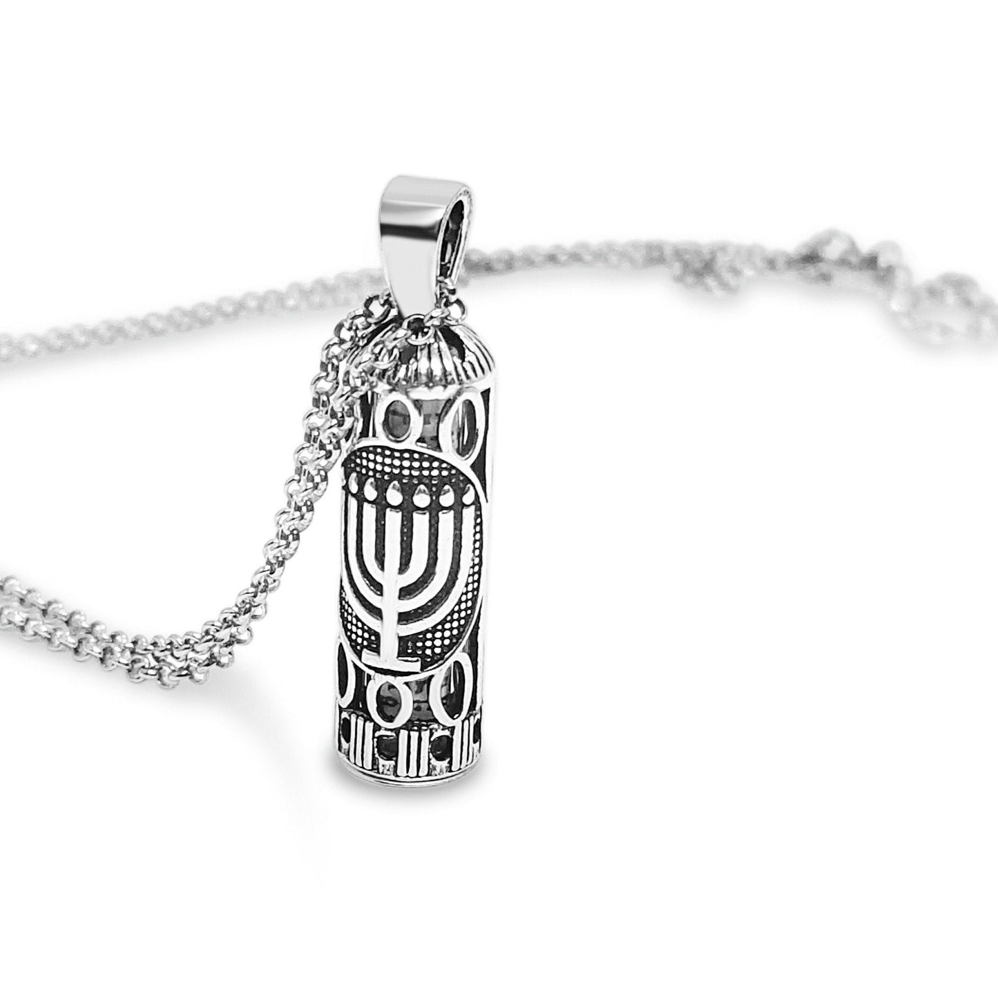 Mezuzah Necklace with Menorah in Sterling Silver