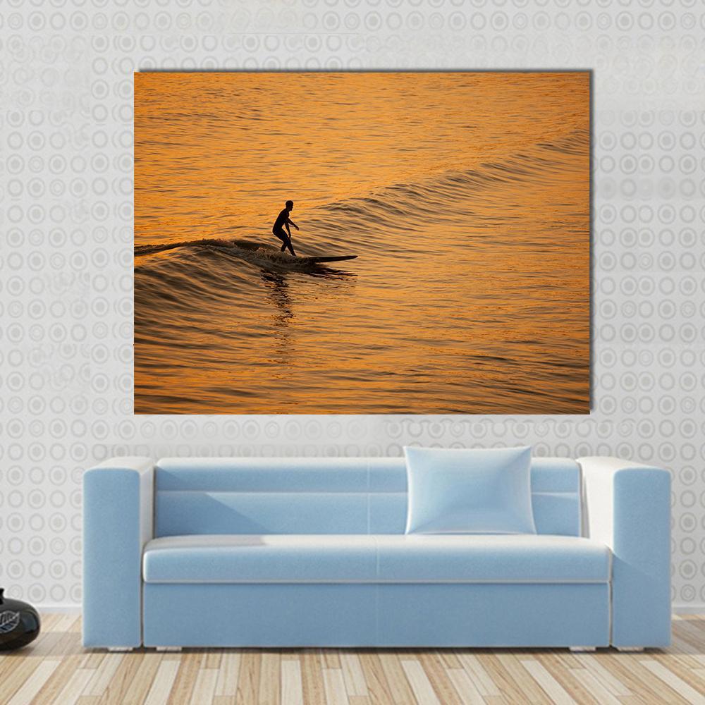 Single Surfer At Sunset On A Calm Ocean Canvas Wall Art-1 Piece-Gallery Wrap-48" x 32"-Tiaracle