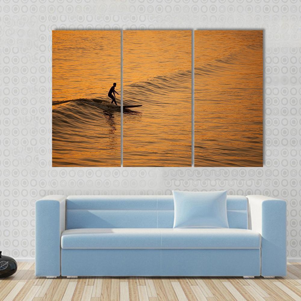 Single Surfer At Sunset On A Calm Ocean Canvas Wall Art-3 Horizontal-Gallery Wrap-37" x 24"-Tiaracle