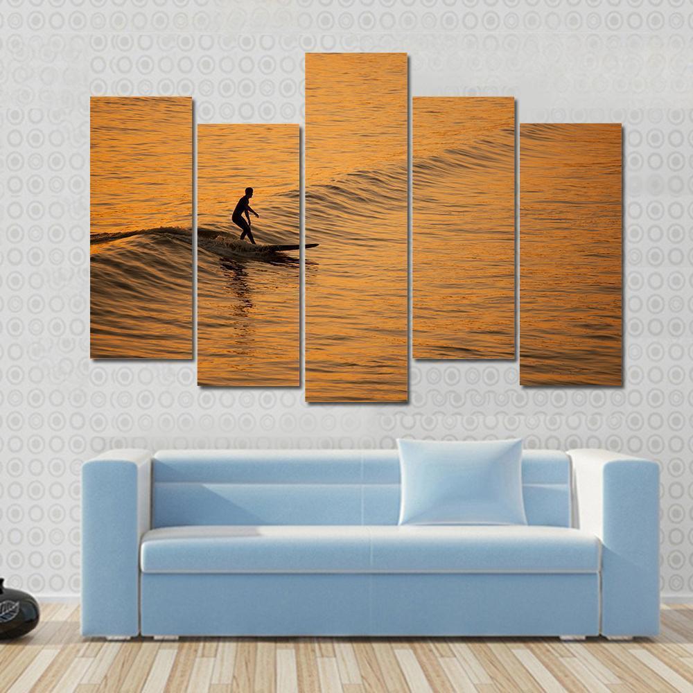 Single Surfer At Sunset On A Calm Ocean Canvas Wall Art-5 Pop-Gallery Wrap-47" x 32"-Tiaracle