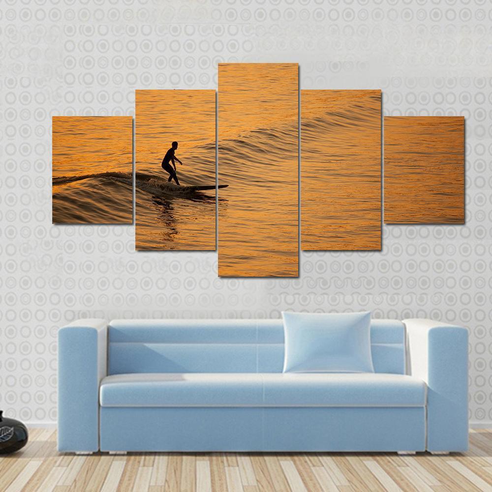 Single Surfer At Sunset On A Calm Ocean Canvas Wall Art-5 Star-Gallery Wrap-62" x 32"-Tiaracle