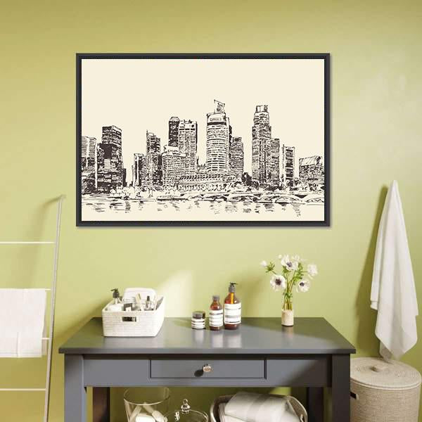 Sketch Of Singapore City Canvas Wall Art-1 Piece-Floating Frame-24" x 16"-Tiaracle