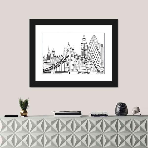 Sketch Silhouette Of London Canvas Wall Art-1 Piece-Framed Print-20" x 16"-Tiaracle
