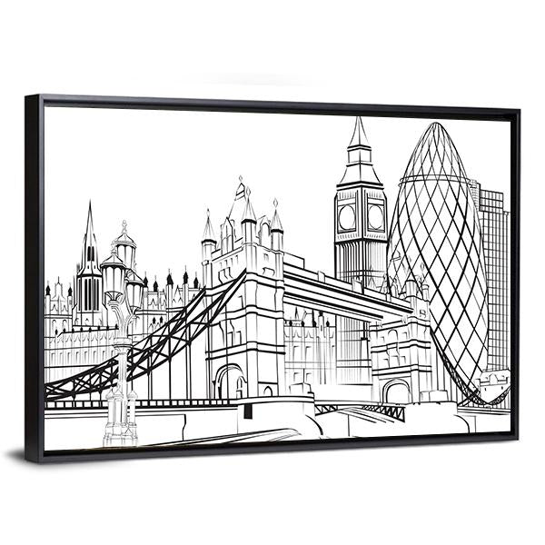 Sketch Silhouette Of London Canvas Wall Art-3 Horizontal-Gallery Wrap-25" x 16"-Tiaracle
