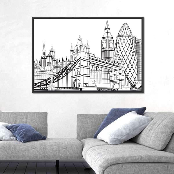 Sketch Silhouette Of London Canvas Wall Art-3 Horizontal-Gallery Wrap-25" x 16"-Tiaracle