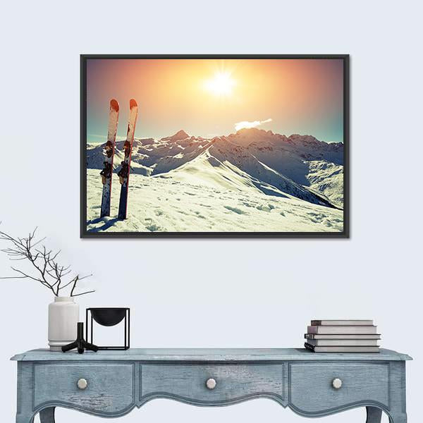 Skis In Snow At Mountains Canvas Wall Art-1 Piece-Floating Frame-24" x 16"-Tiaracle