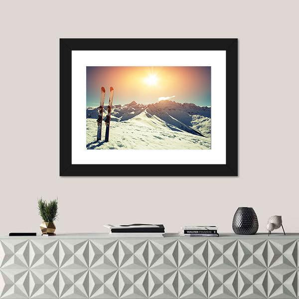 Skis In Snow At Mountains Canvas Wall Art-1 Piece-Framed Print-20" x 16"-Tiaracle