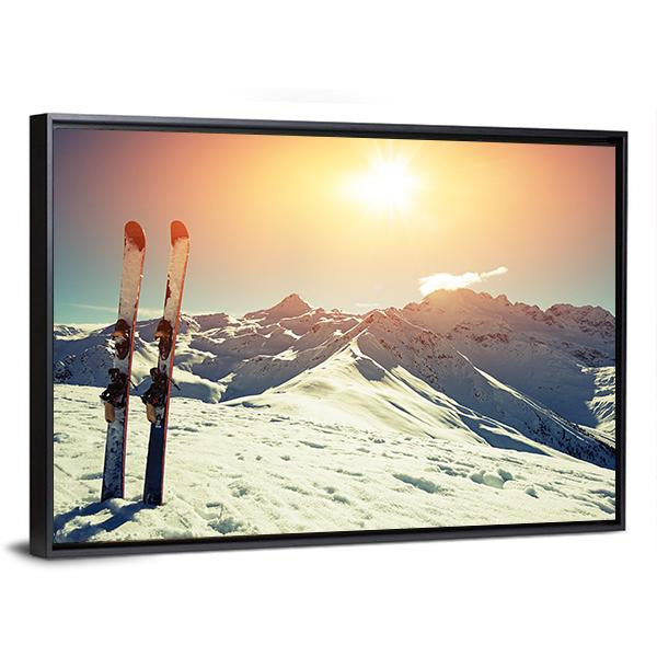 Skis In Snow At Mountains Canvas Wall Art-3 Horizontal-Gallery Wrap-25" x 16"-Tiaracle