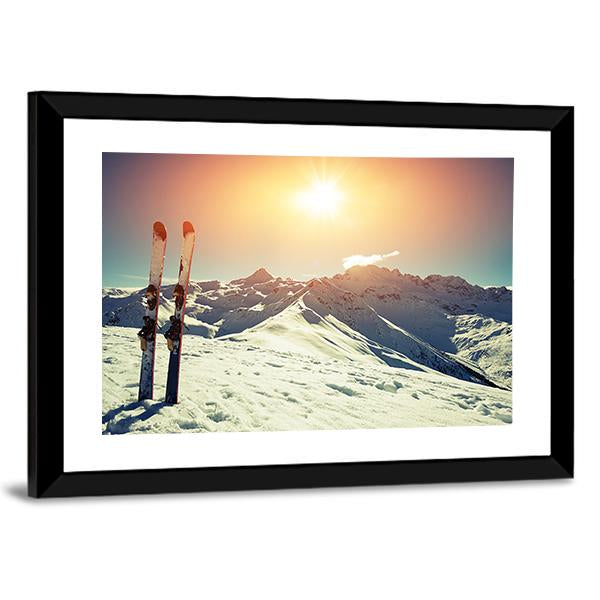 Skis In Snow At Mountains Canvas Wall Art-3 Horizontal-Gallery Wrap-25" x 16"-Tiaracle