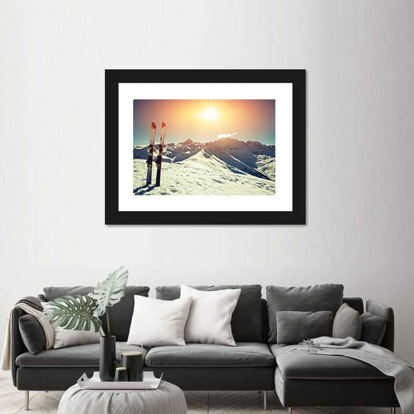 Skis In Snow At Mountains Canvas Wall Art-3 Horizontal-Gallery Wrap-25" x 16"-Tiaracle