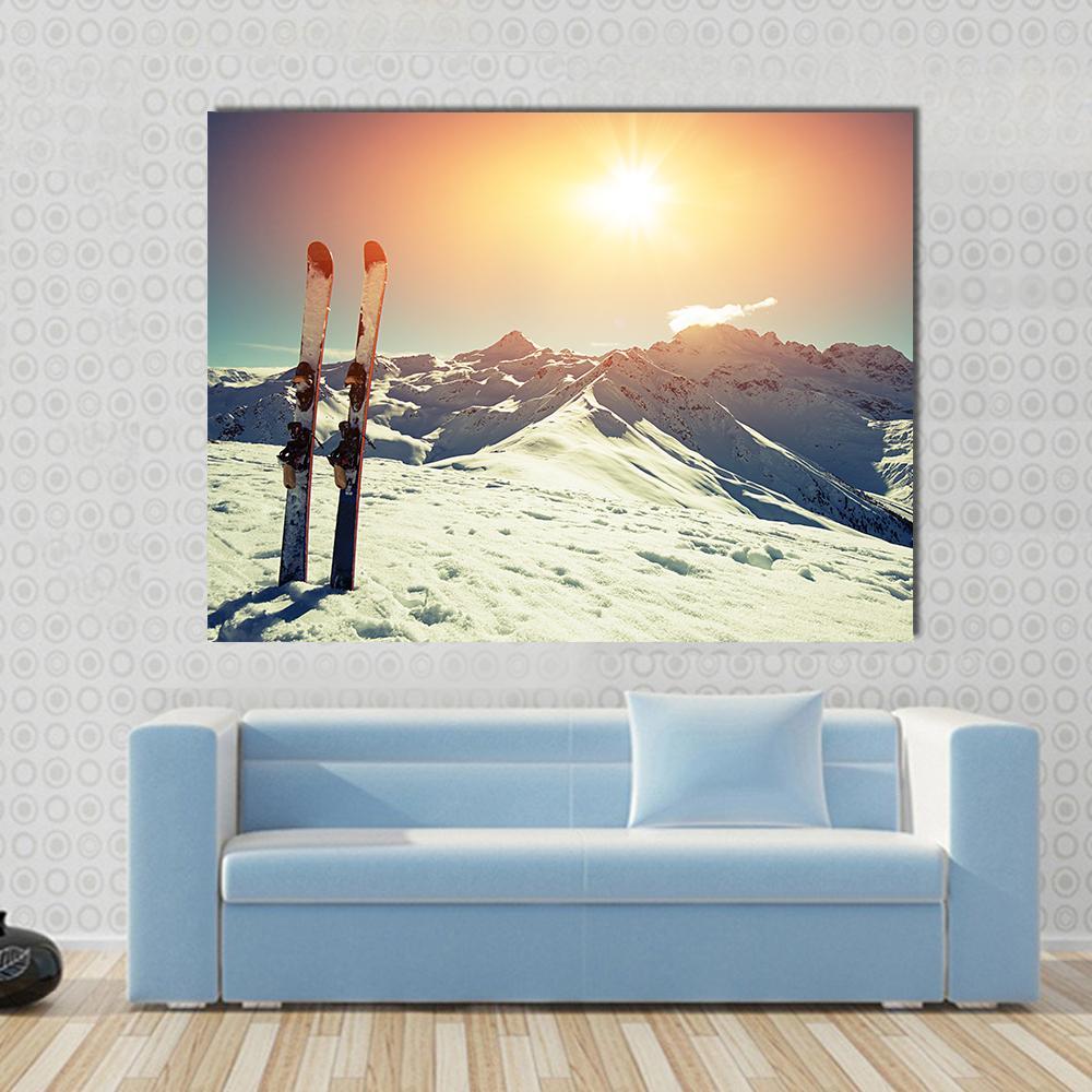 Skis In Snow At Mountains Canvas Wall Art-1 Piece-Gallery Wrap-48" x 32"-Tiaracle