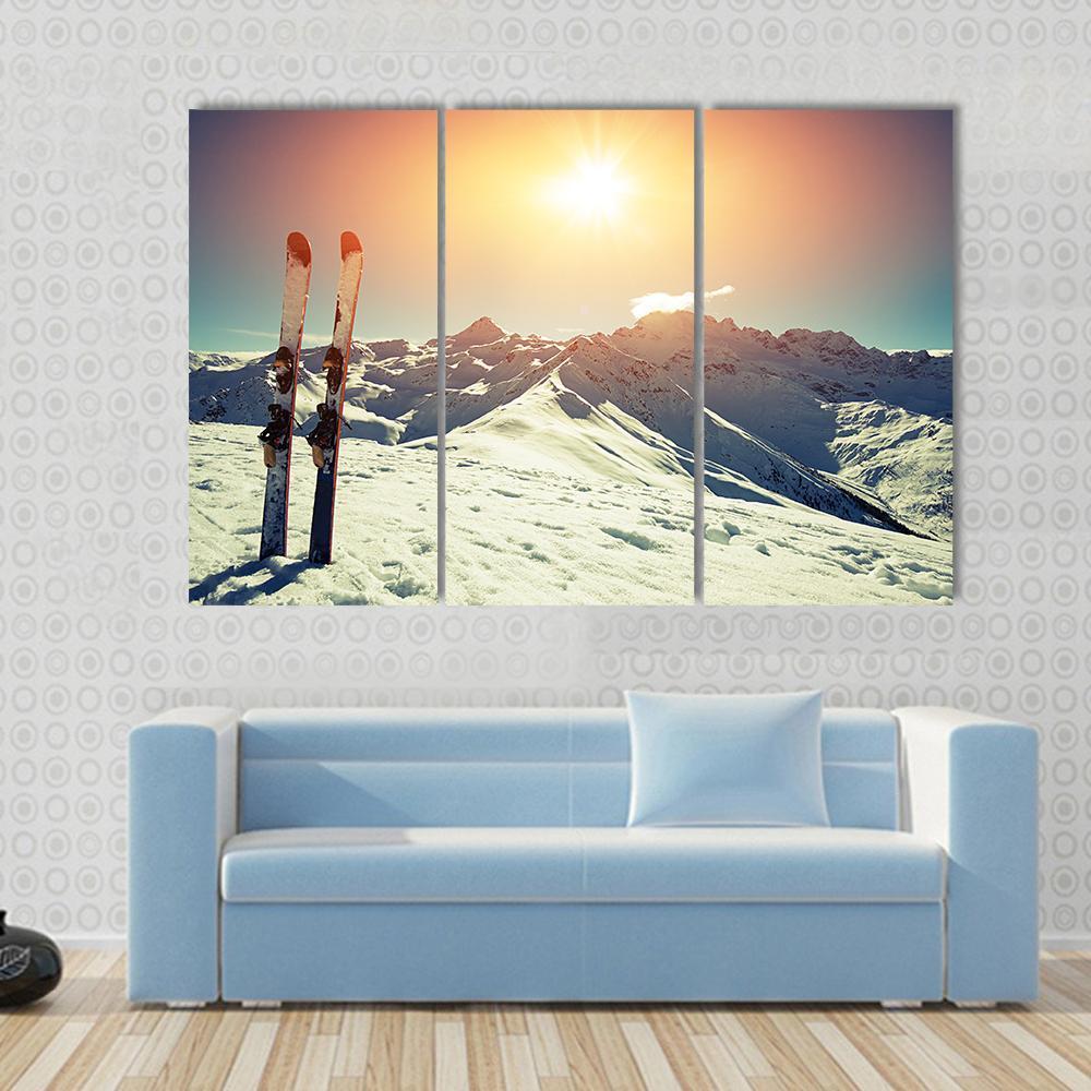 Skis In Snow At Mountains Canvas Wall Art-3 Horizontal-Gallery Wrap-37" x 24"-Tiaracle