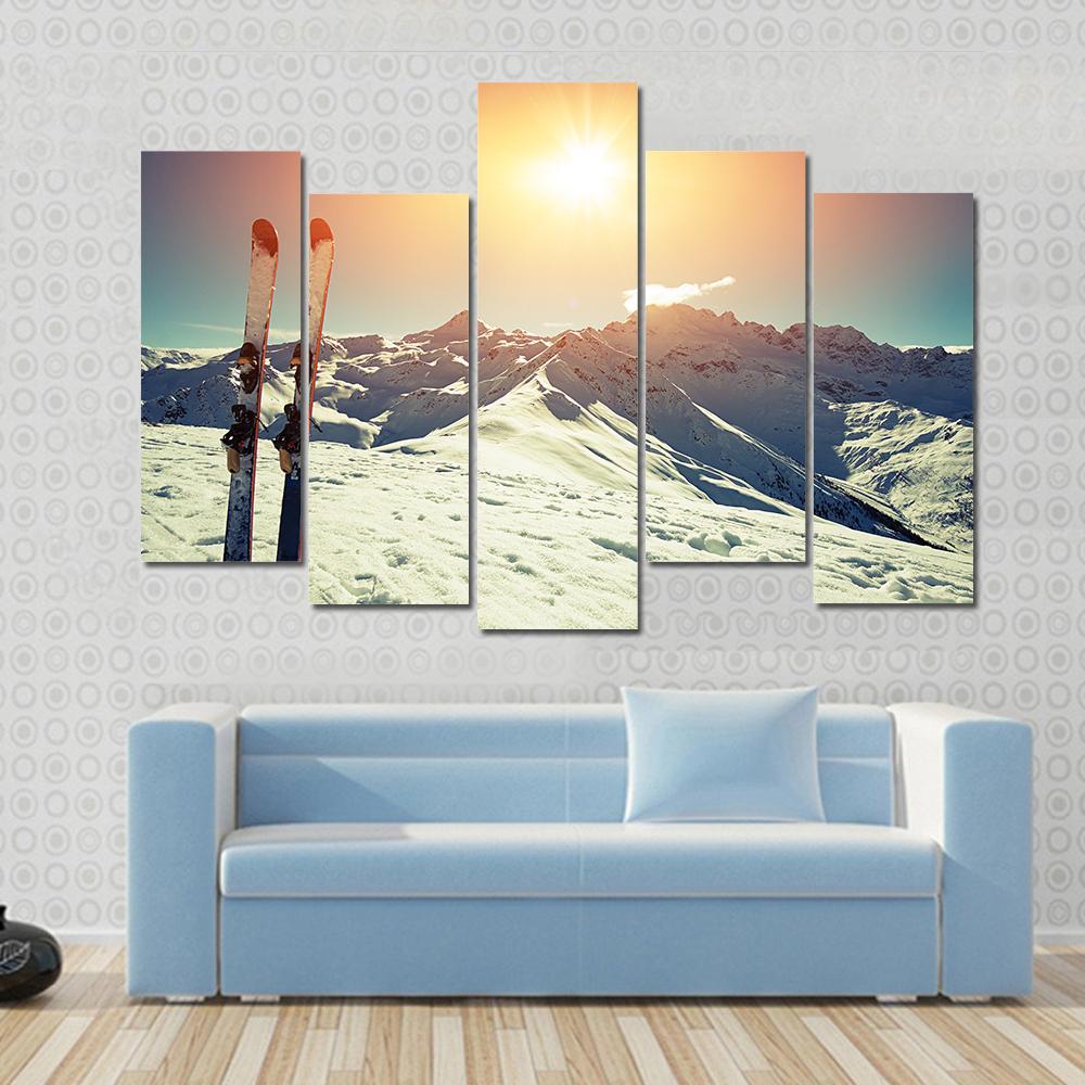 Skis In Snow At Mountains Canvas Wall Art-5 Pop-Gallery Wrap-47" x 32"-Tiaracle