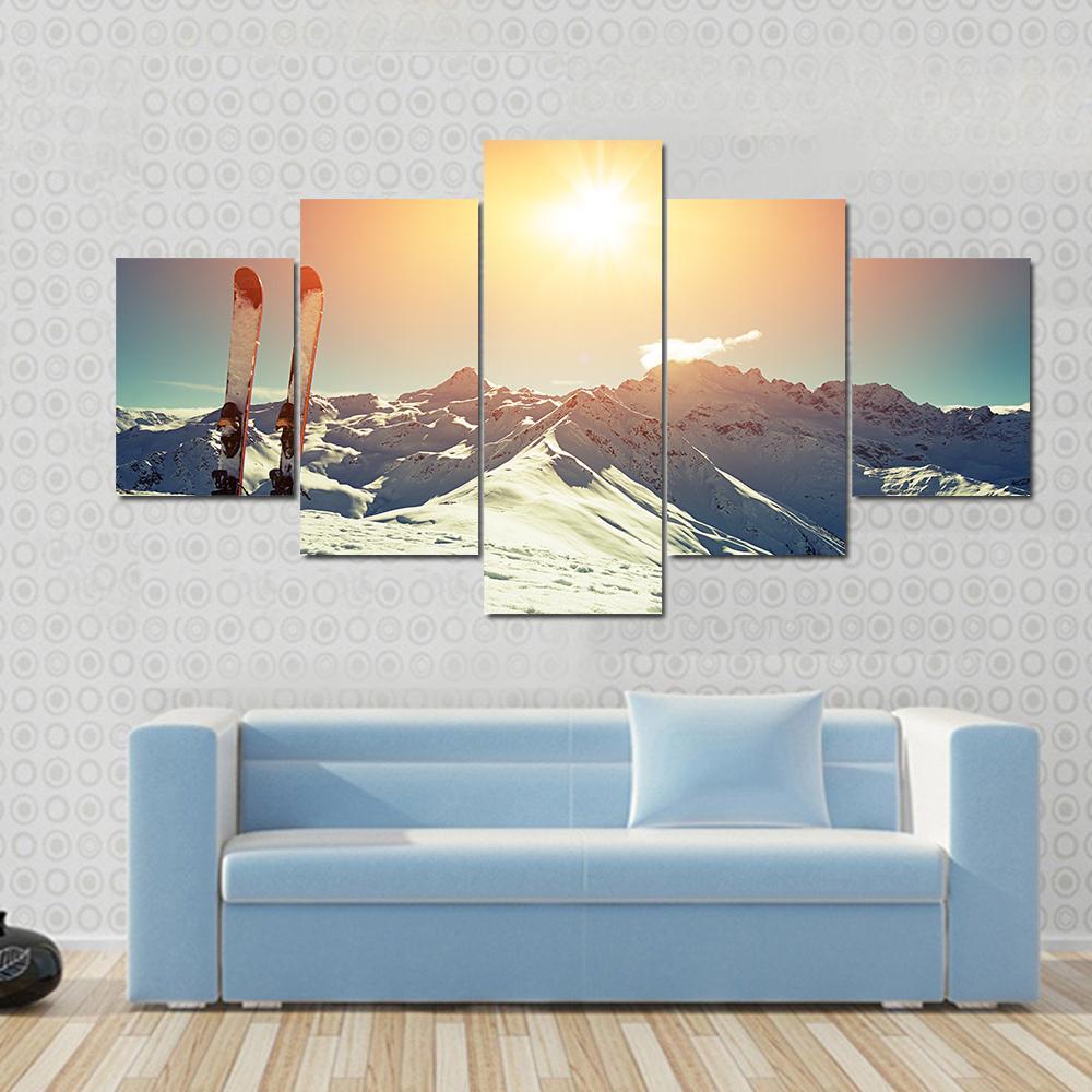 Skis In Snow At Mountains Canvas Wall Art-5 Star-Gallery Wrap-62" x 32"-Tiaracle