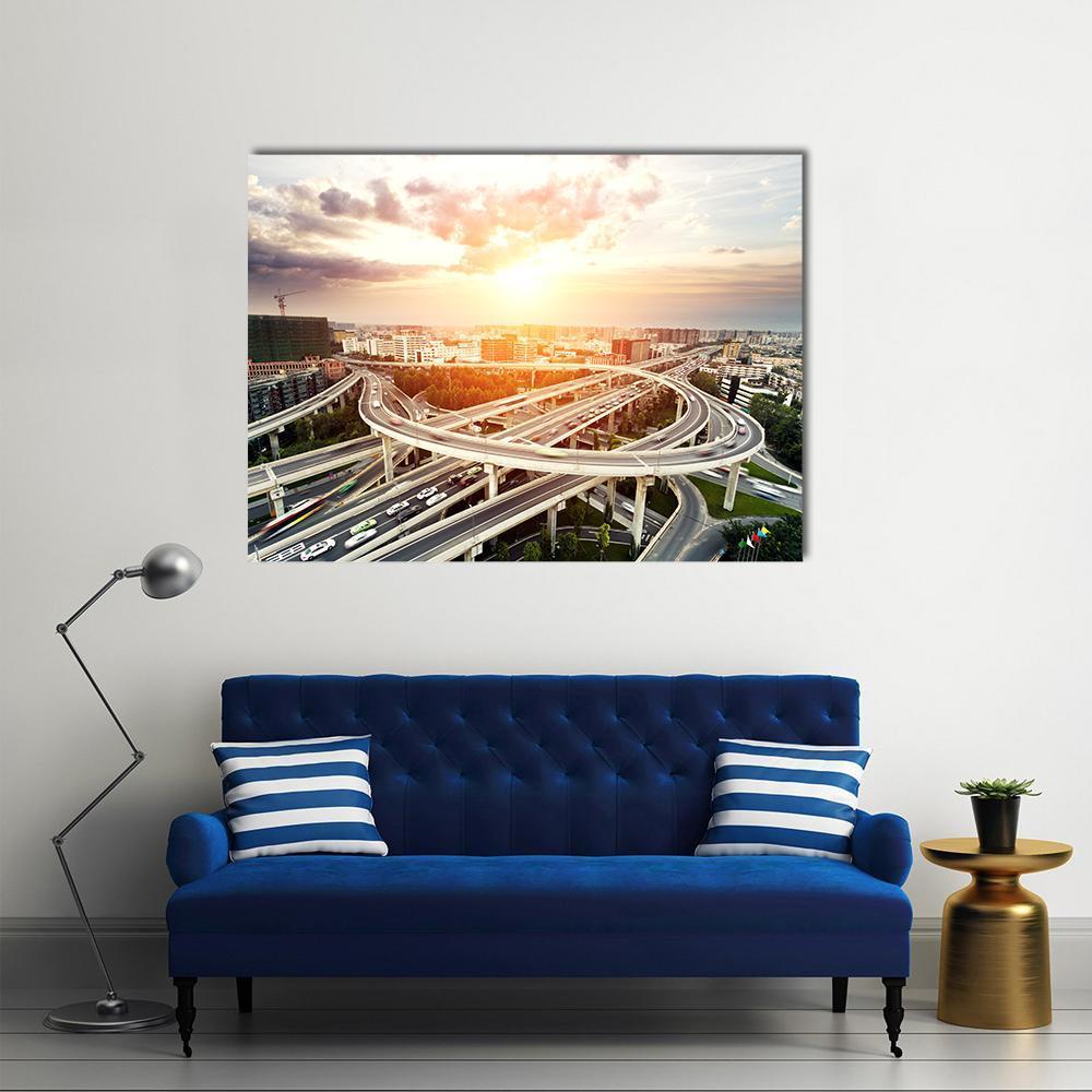 Skyline & Highway Intersection Canvas Wall Art-1 Piece-Gallery Wrap-48" x 32"-Tiaracle