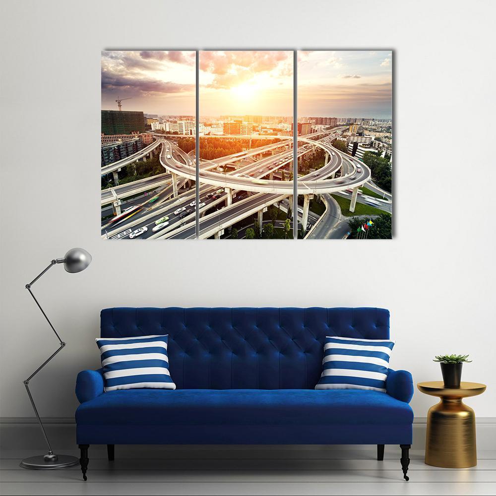 Skyline & Highway Intersection Canvas Wall Art-3 Horizontal-Gallery Wrap-37" x 24"-Tiaracle