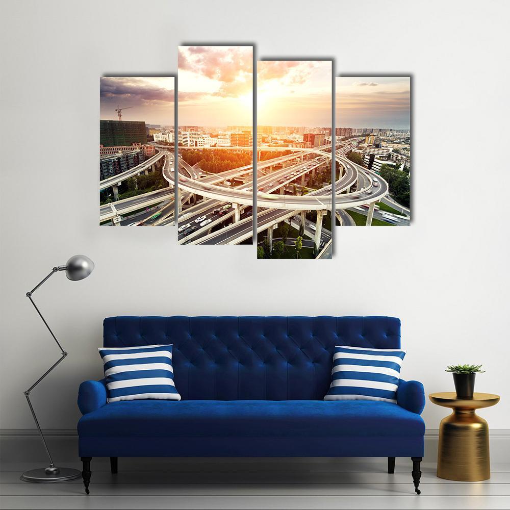 Skyline & Highway Intersection Canvas Wall Art-4 Pop-Gallery Wrap-50" x 32"-Tiaracle