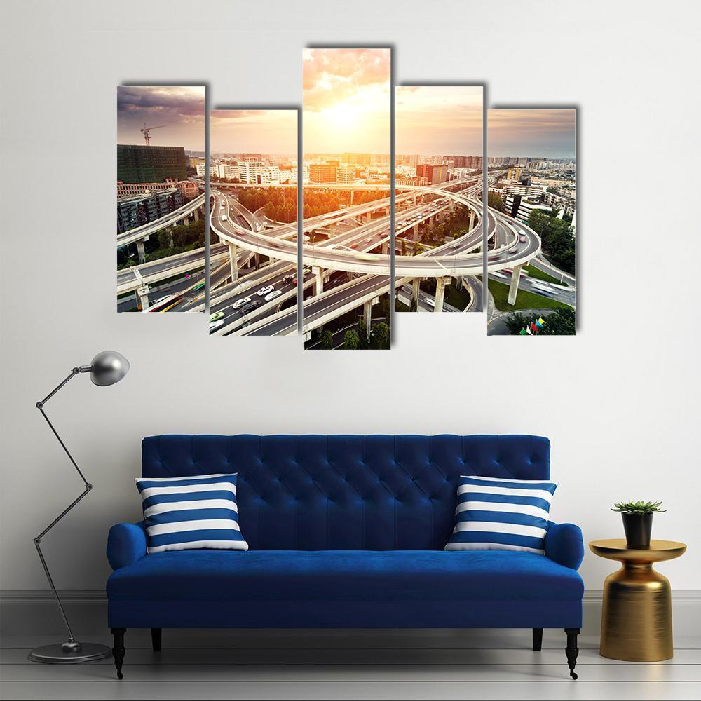 Skyline & Highway Intersection Canvas Wall Art-5 Pop-Gallery Wrap-47" x 32"-Tiaracle