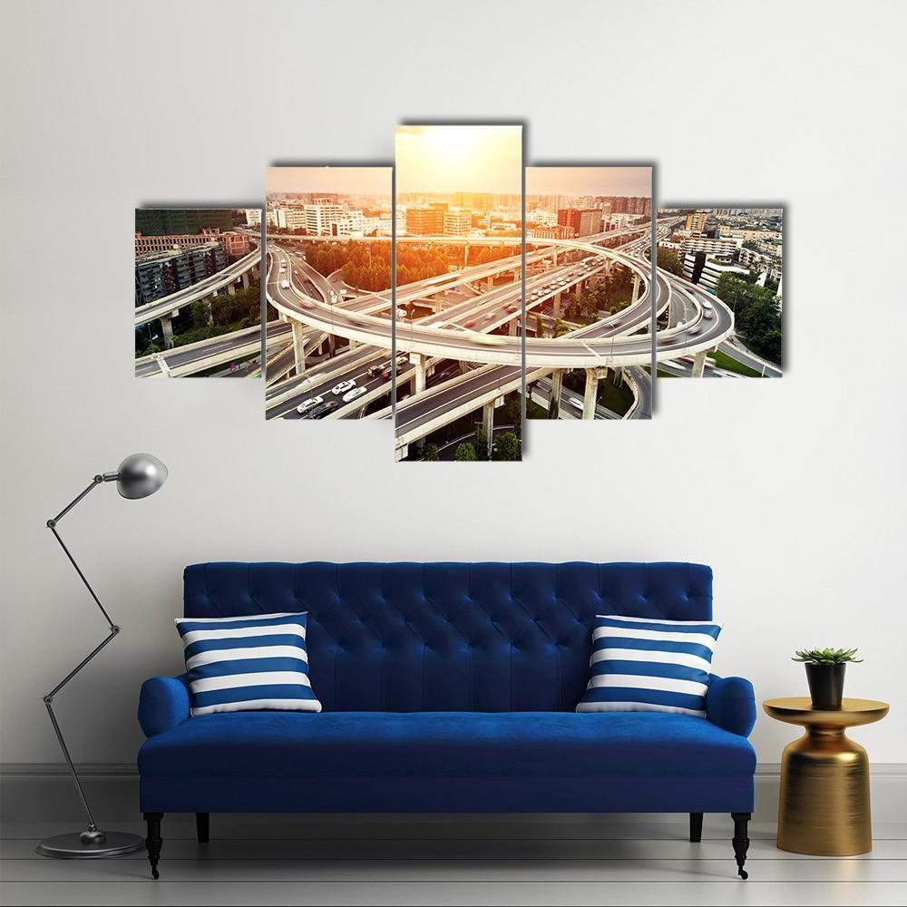 Skyline & Highway Intersection Canvas Wall Art-5 Star-Gallery Wrap-62" x 32"-Tiaracle