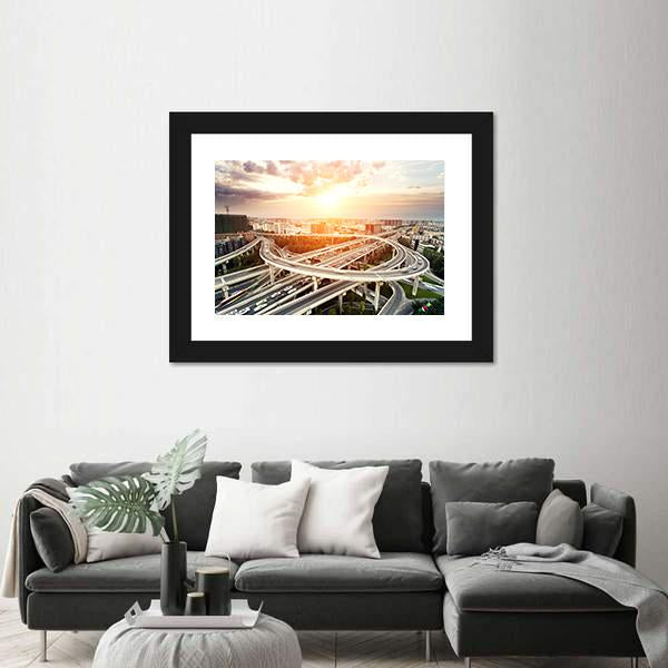 Skyline & Highway Intersection Canvas Wall Art-1 Piece-Framed Print-20" x 16"-Tiaracle