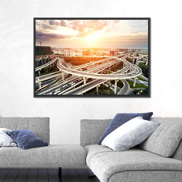 Skyline & Highway Intersection Canvas Wall Art-1 Piece-Floating Frame-24" x 16"-Tiaracle